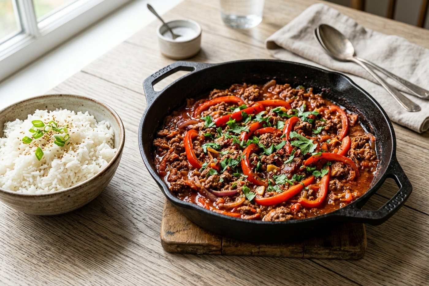 Bœuf haché aux poivrons et riz