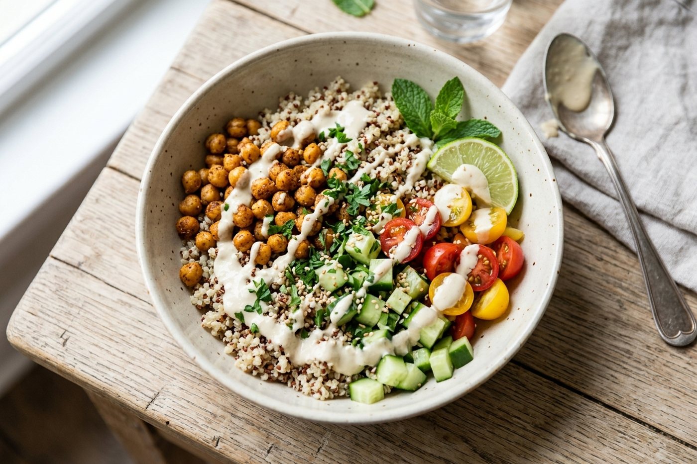 Bowl de quinoa, pois chiches rôtis et tahini