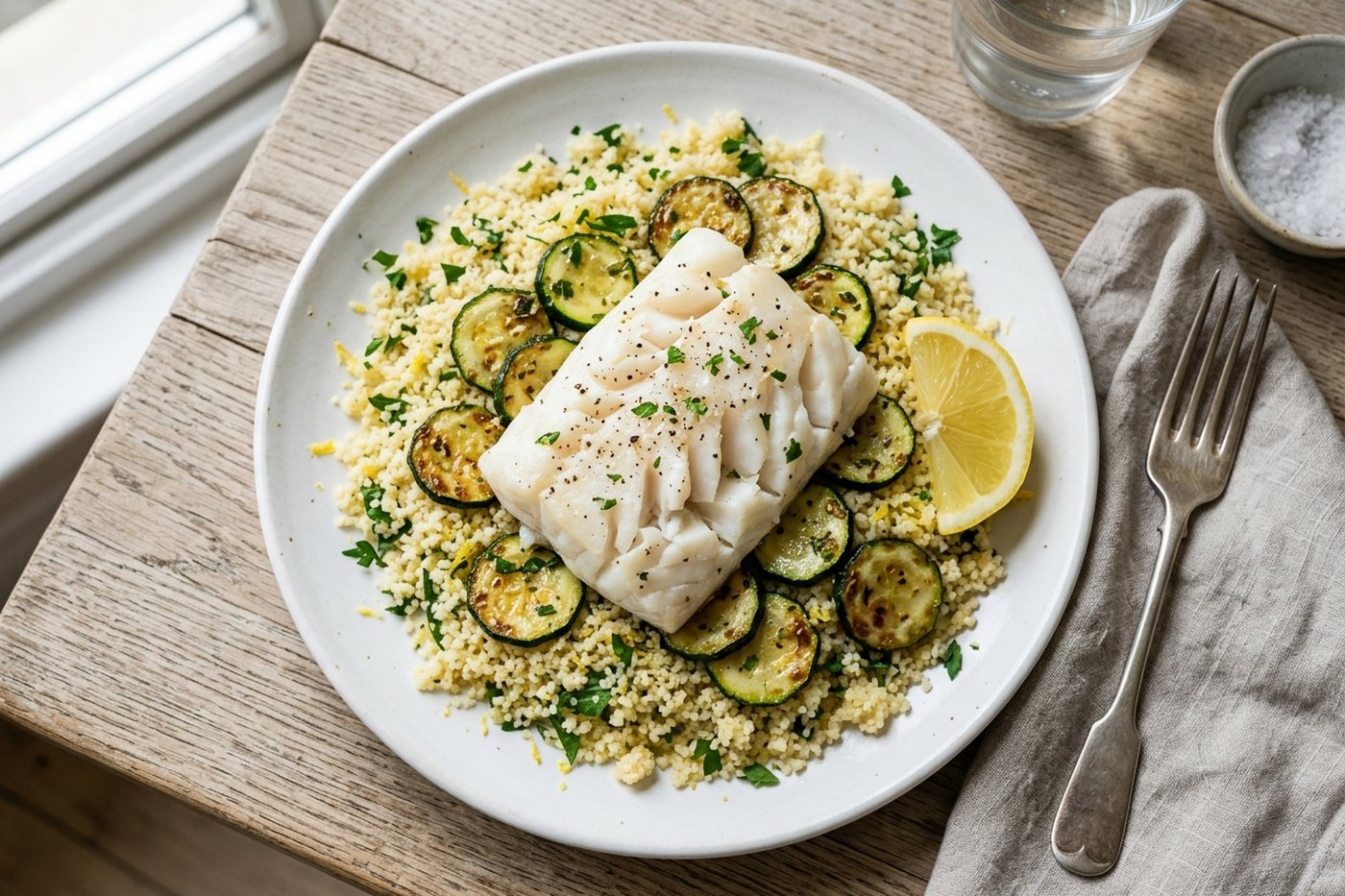 Cabillaud poêlé au citron, semoule et courgette