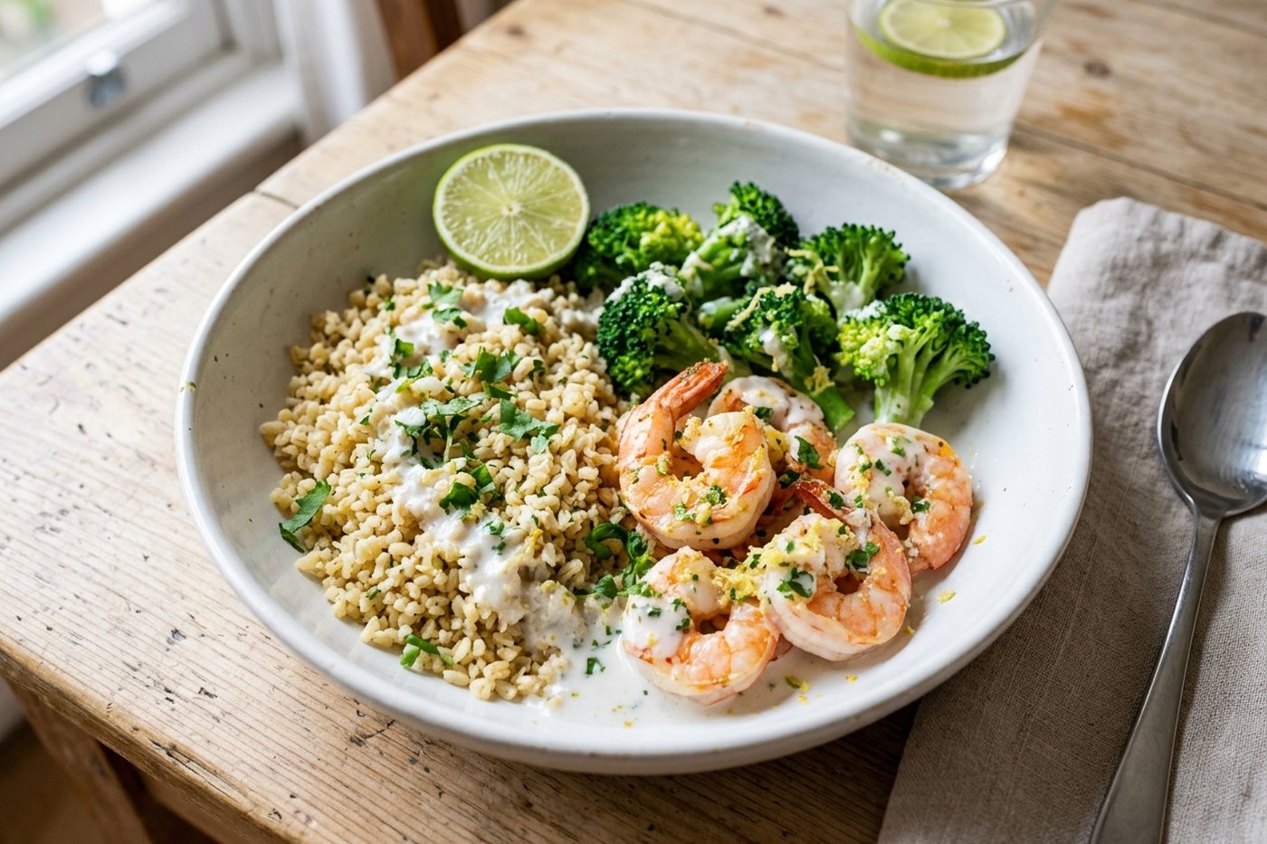 Crevettes au lait de coco et gingembre, boulgour