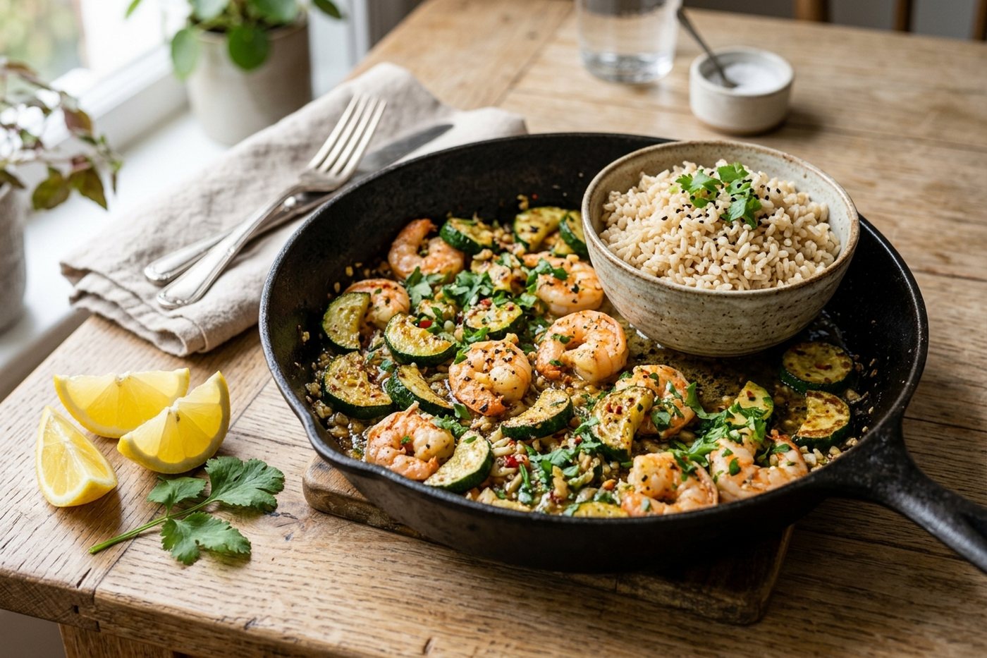 Crevettes sautées à l'ail, courgettes et riz