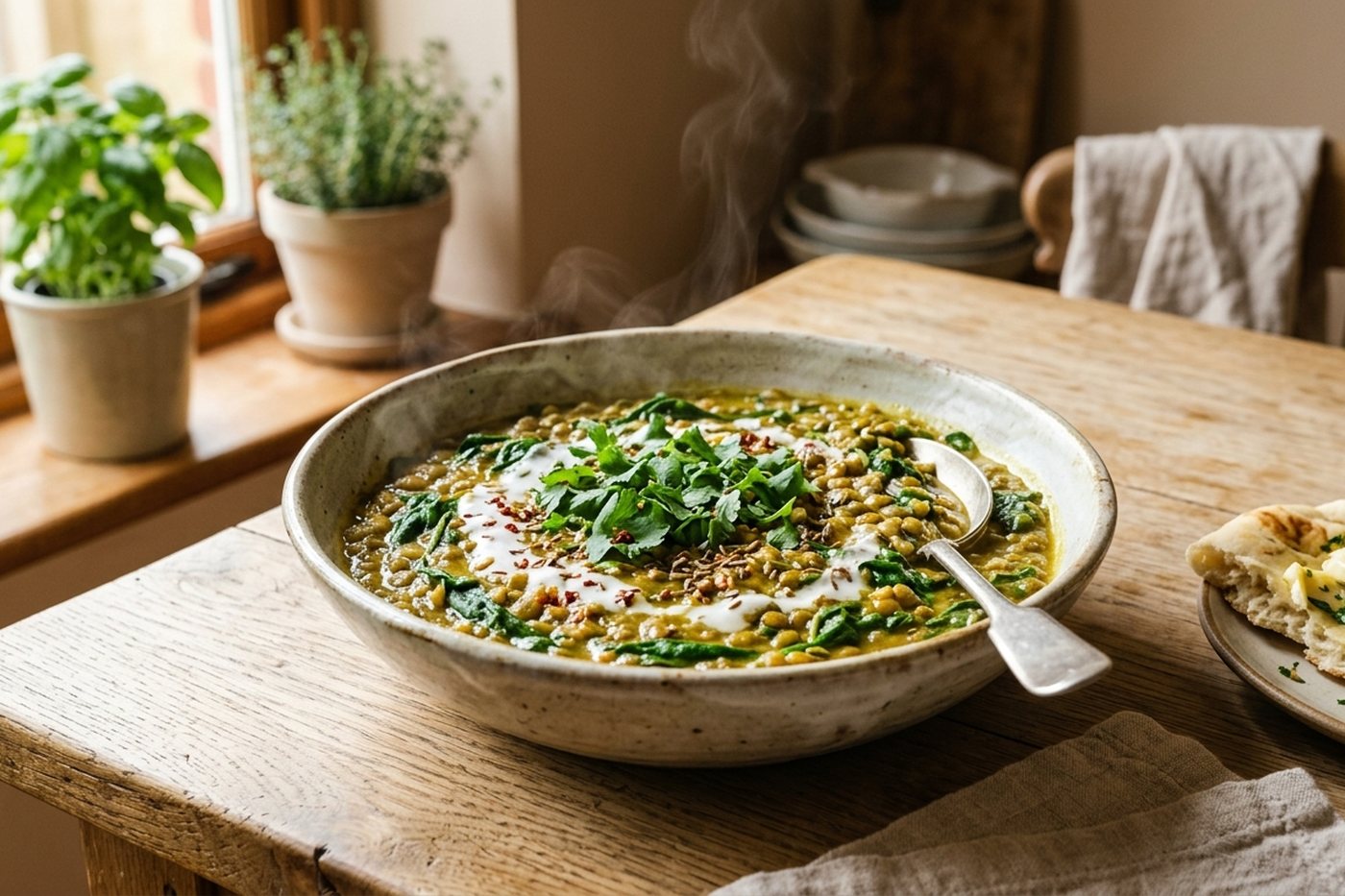 Curry de lentilles vertes aux épinards