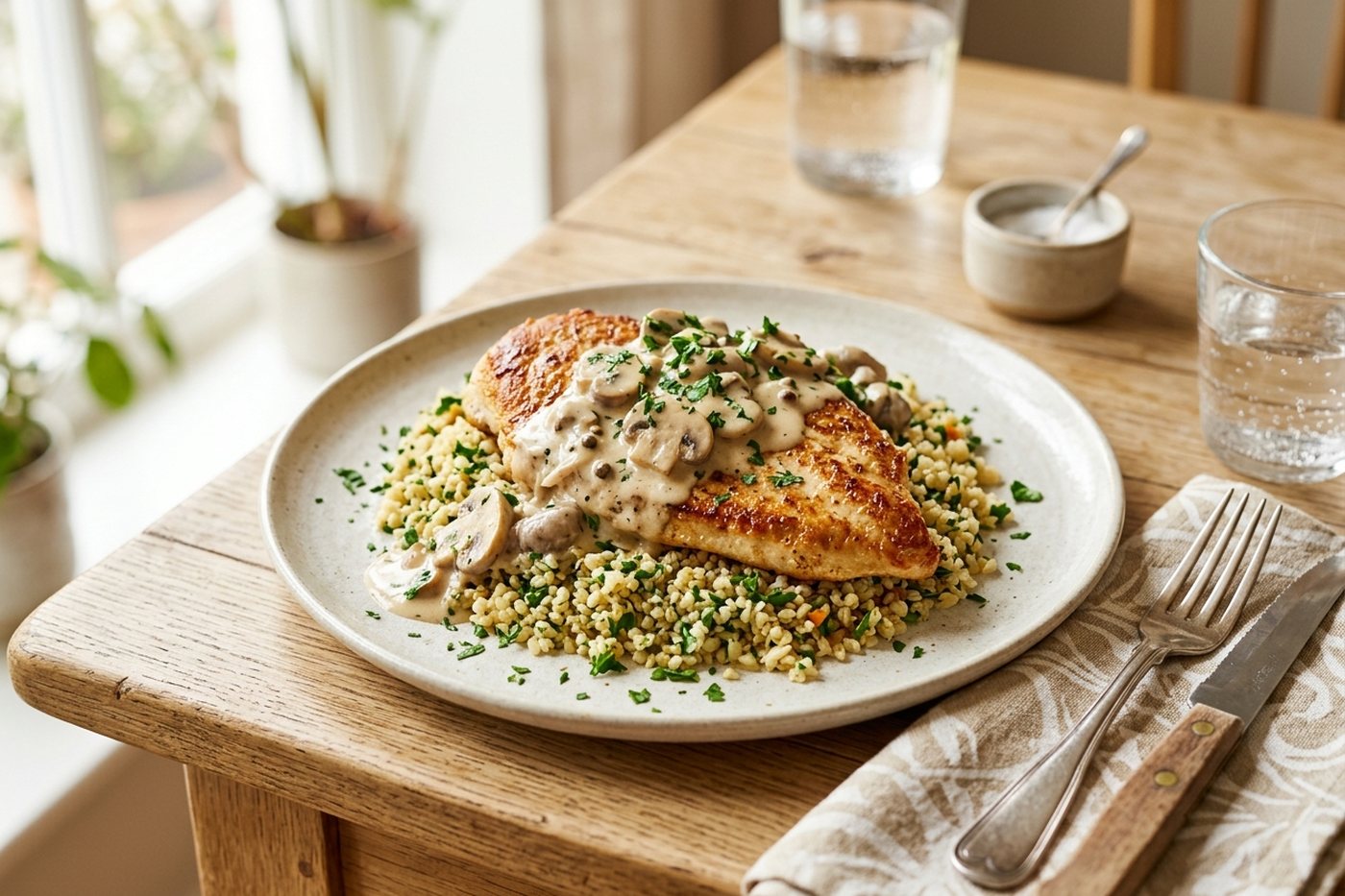Escalope de dinde, champignons et boulgour