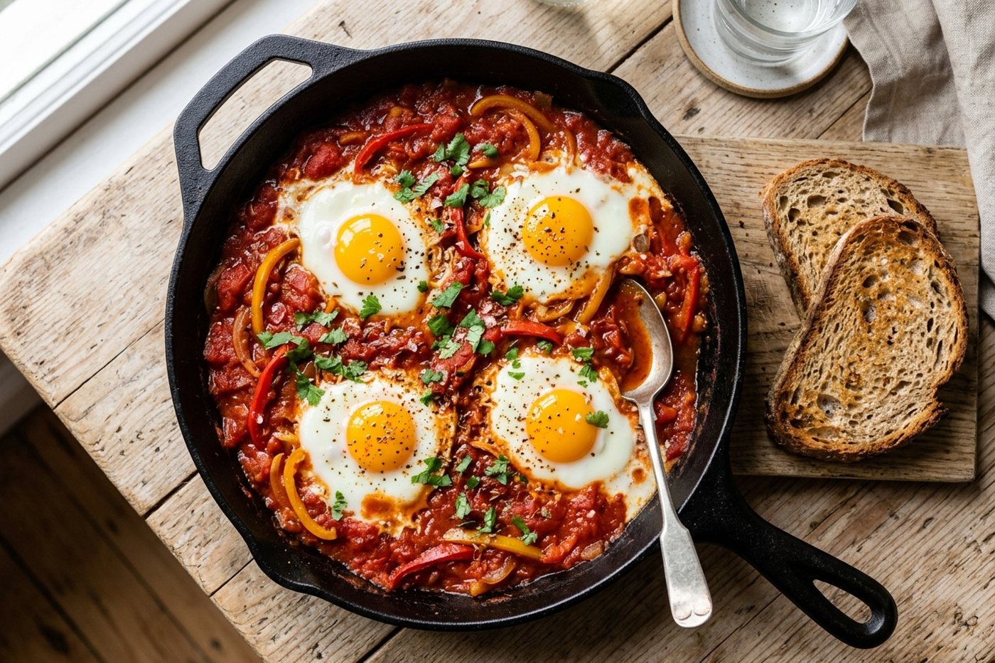 Œufs pochés à la tomate et au poivron, pain grillé