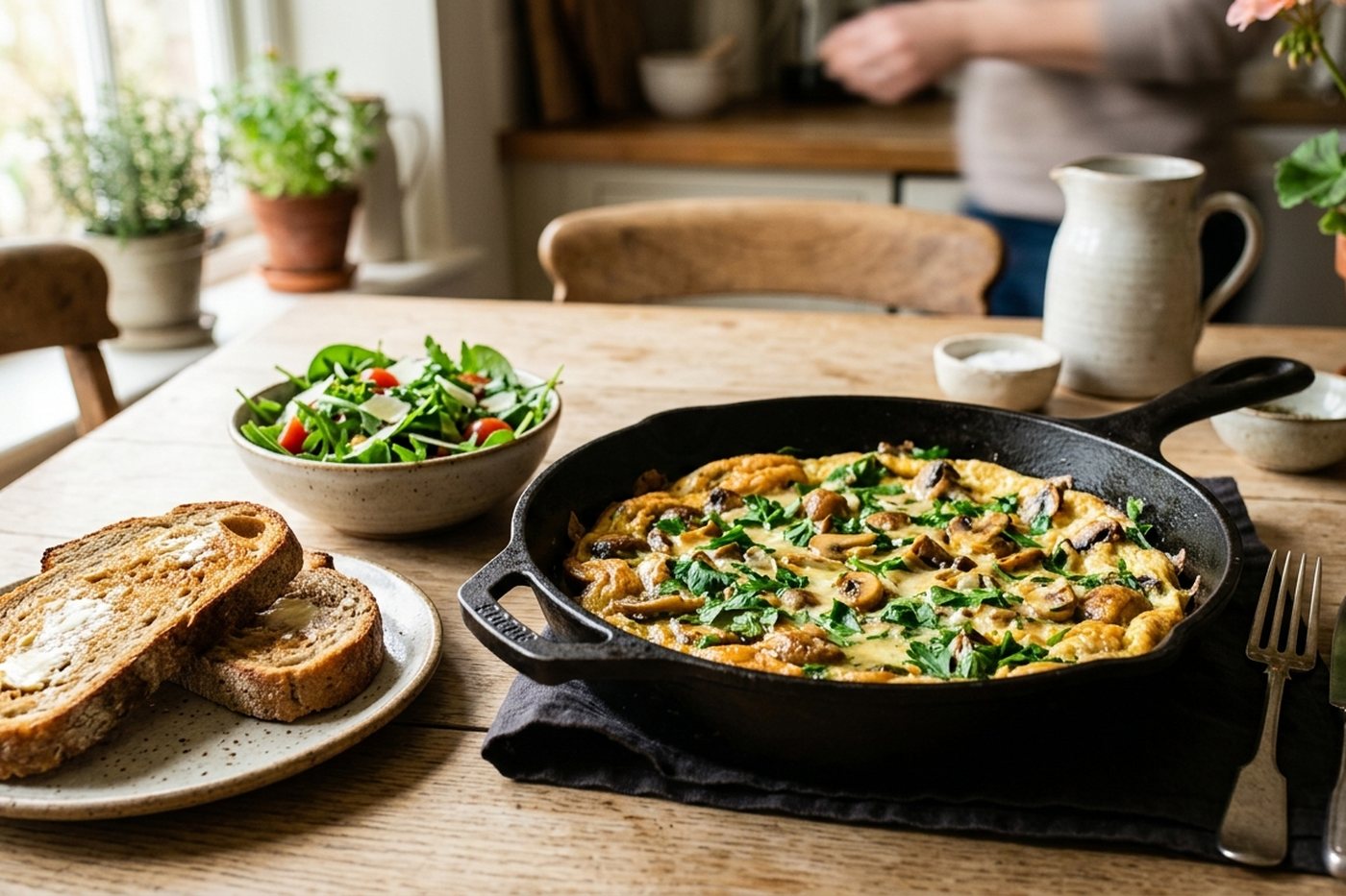 Omelette aux champignons et pain de seigle