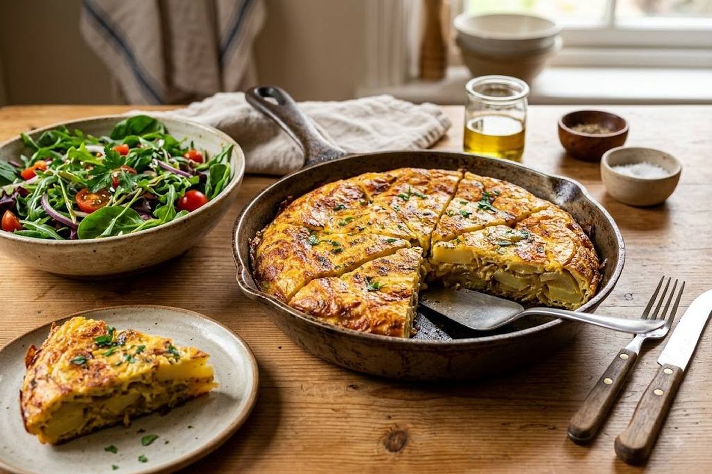 Omelette aux pommes de terre et salade verte