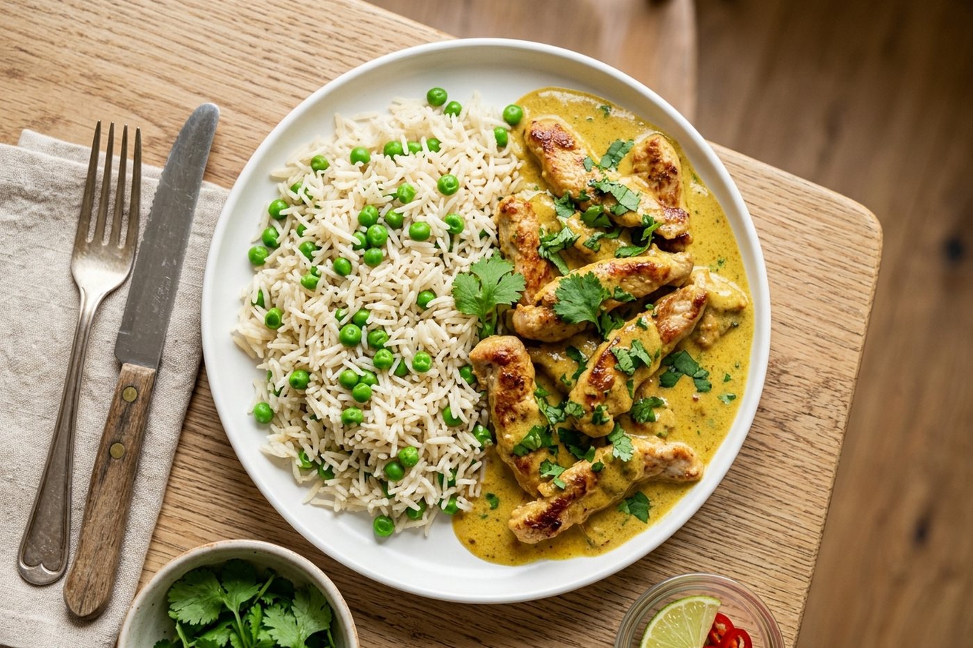 Poêlée de dinde au curry, riz et petits pois