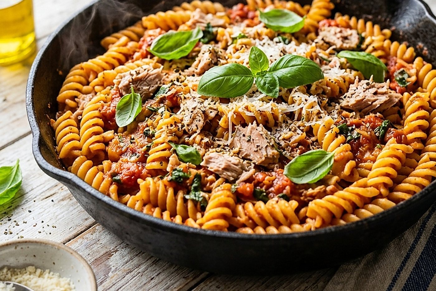 Poêlée de pâtes au thon et à la tomate