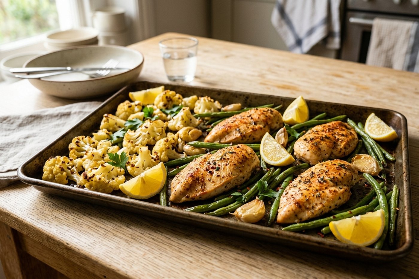 Poulet rôti, chou-fleur et haricots verts