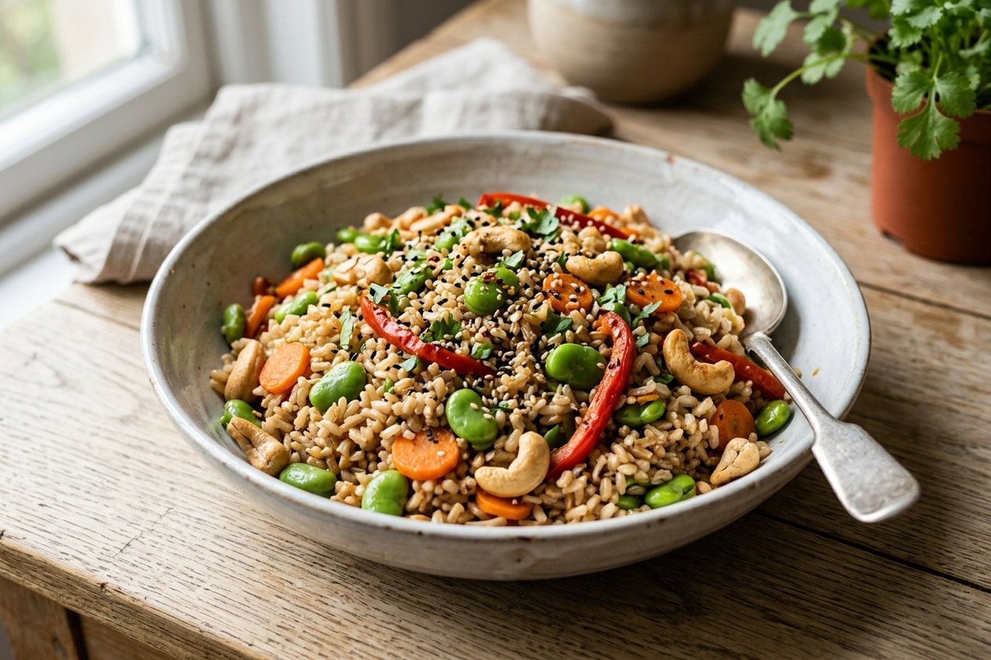 Riz sauté aux légumes et fèves