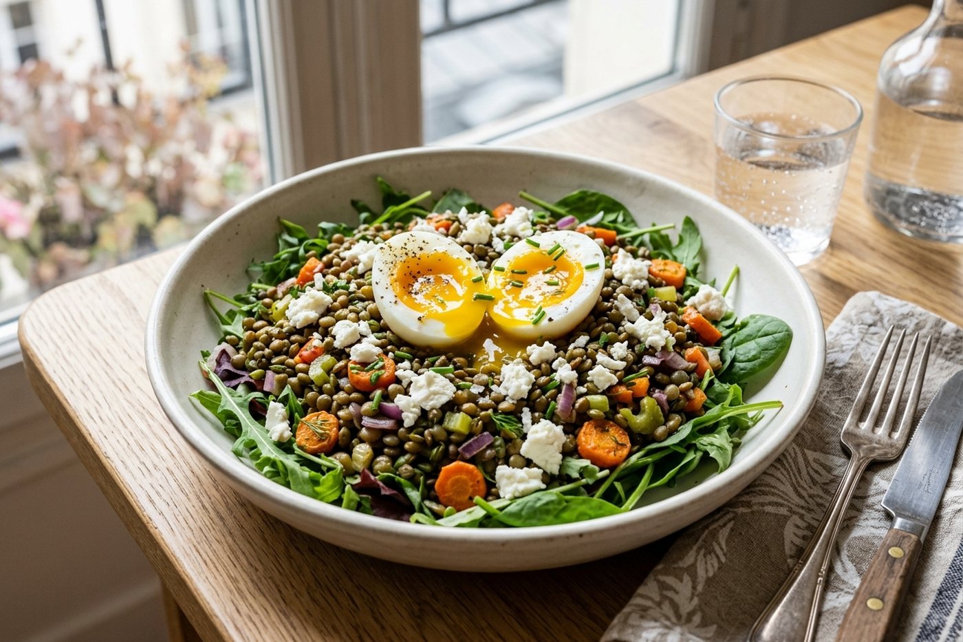Salade tiède de lentilles, œuf mollet et feta