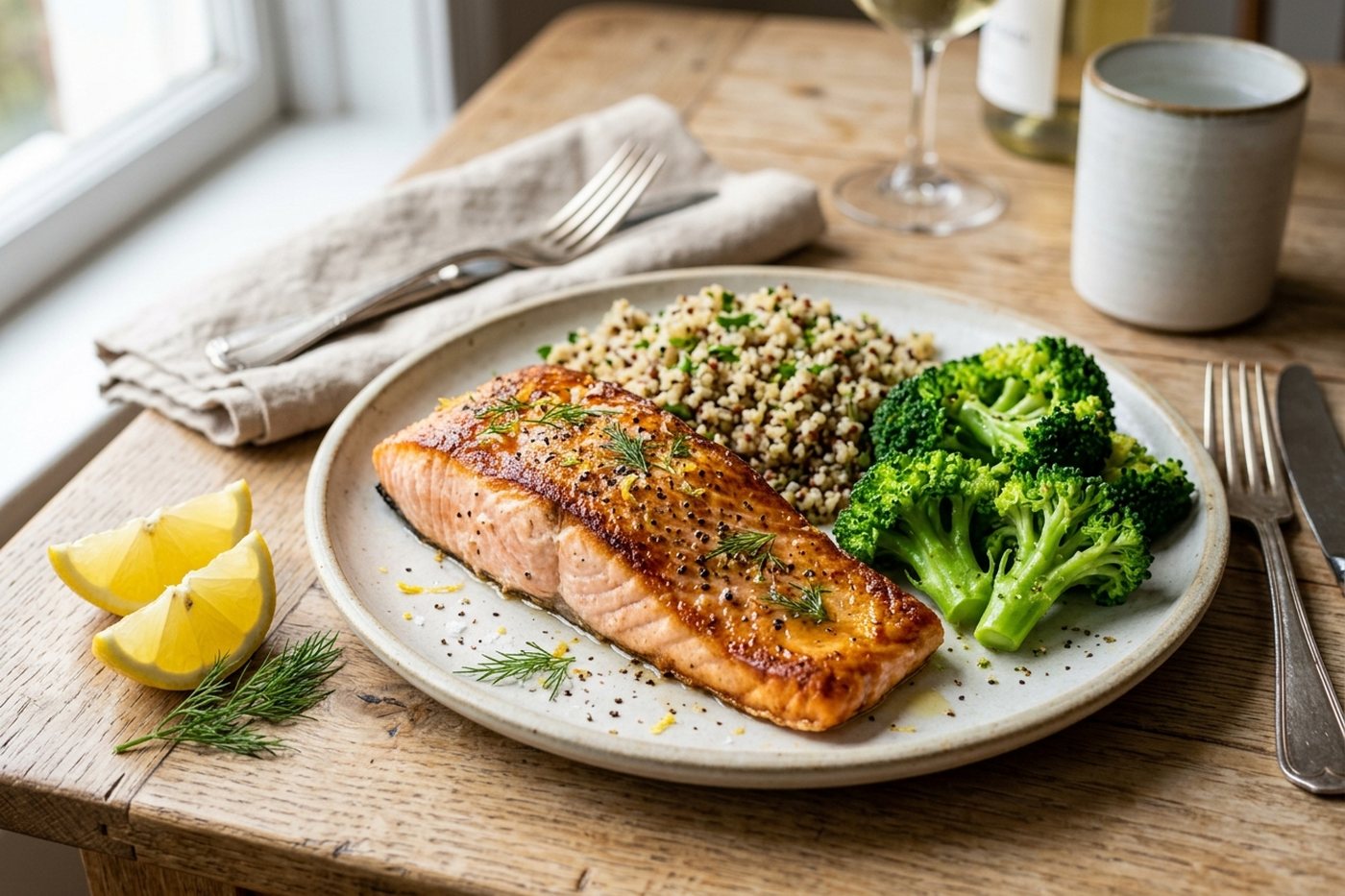 Saumon rôti, quinoa et brocoli