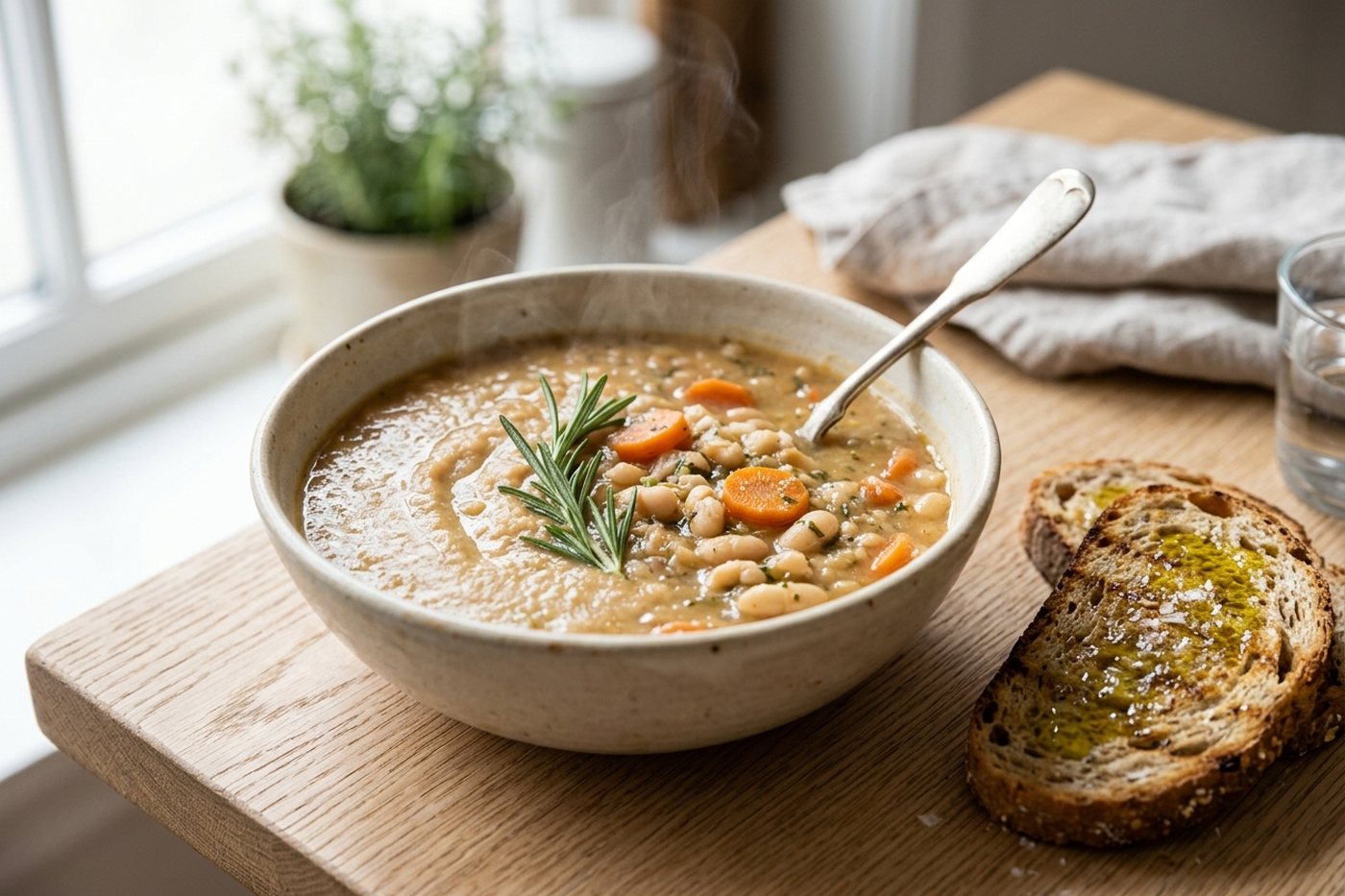 Soupe de haricots blancs au romarin et pain grillé