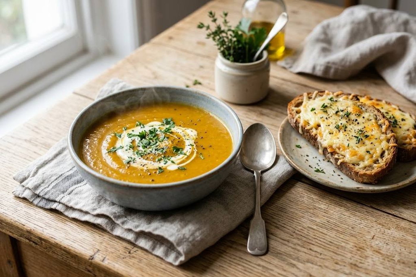 Soupe de légumes et tartines gratinées