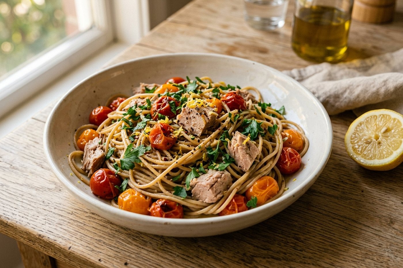 Spaghettis au thon, tomates cerises et citron