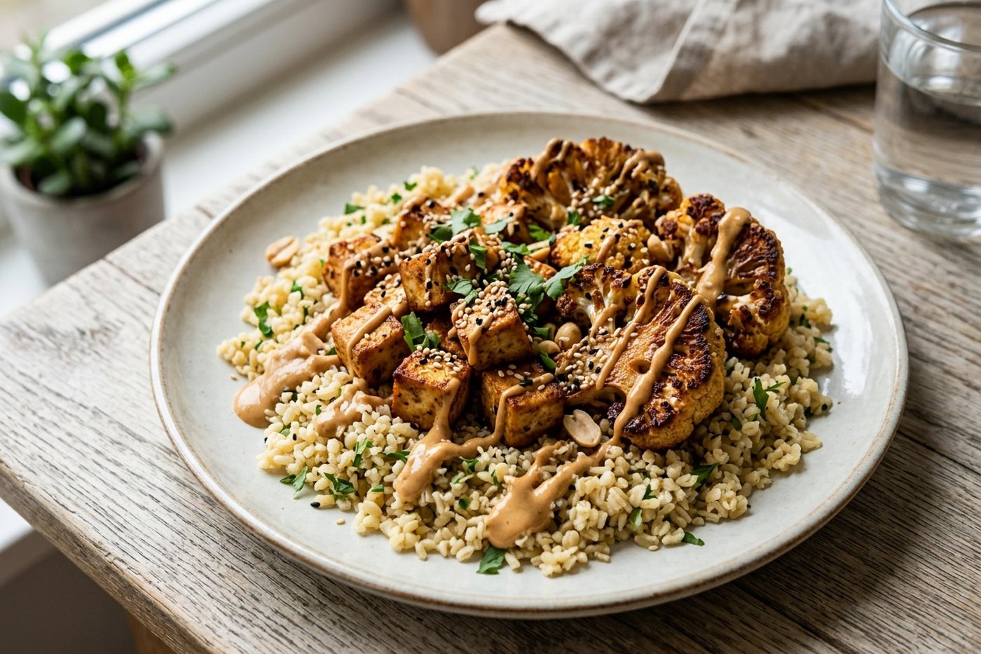 Tofu croustillant, sauce cacahuète et chou-fleur rôti