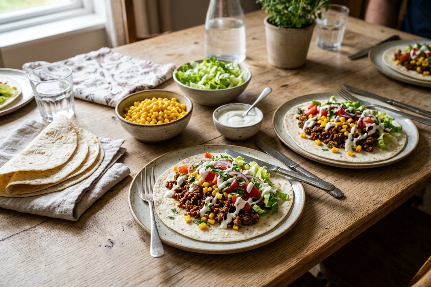 Tortillas au bœuf haché, maïs et crudités