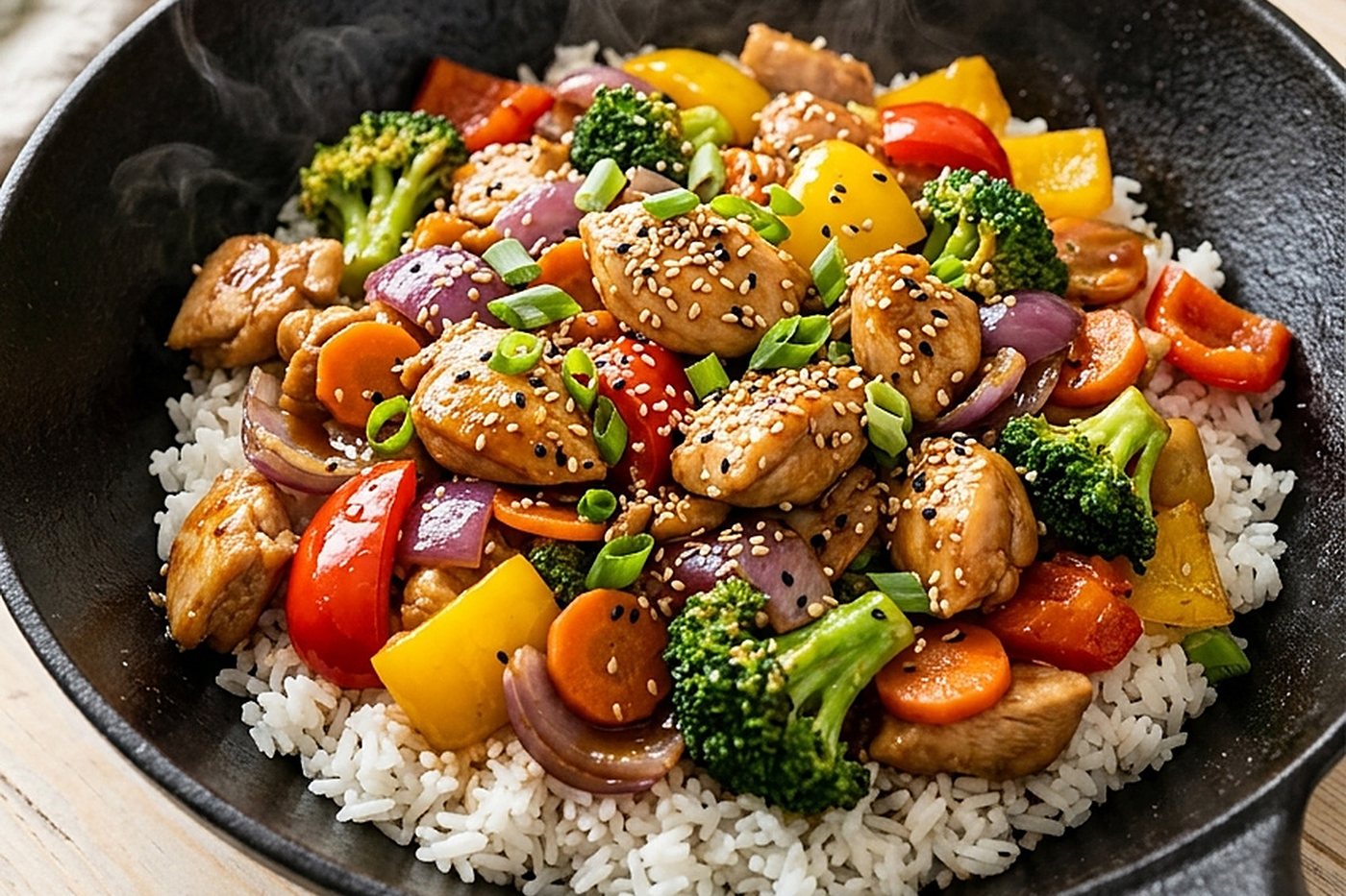 Wok de poulet aux légumes sur riz